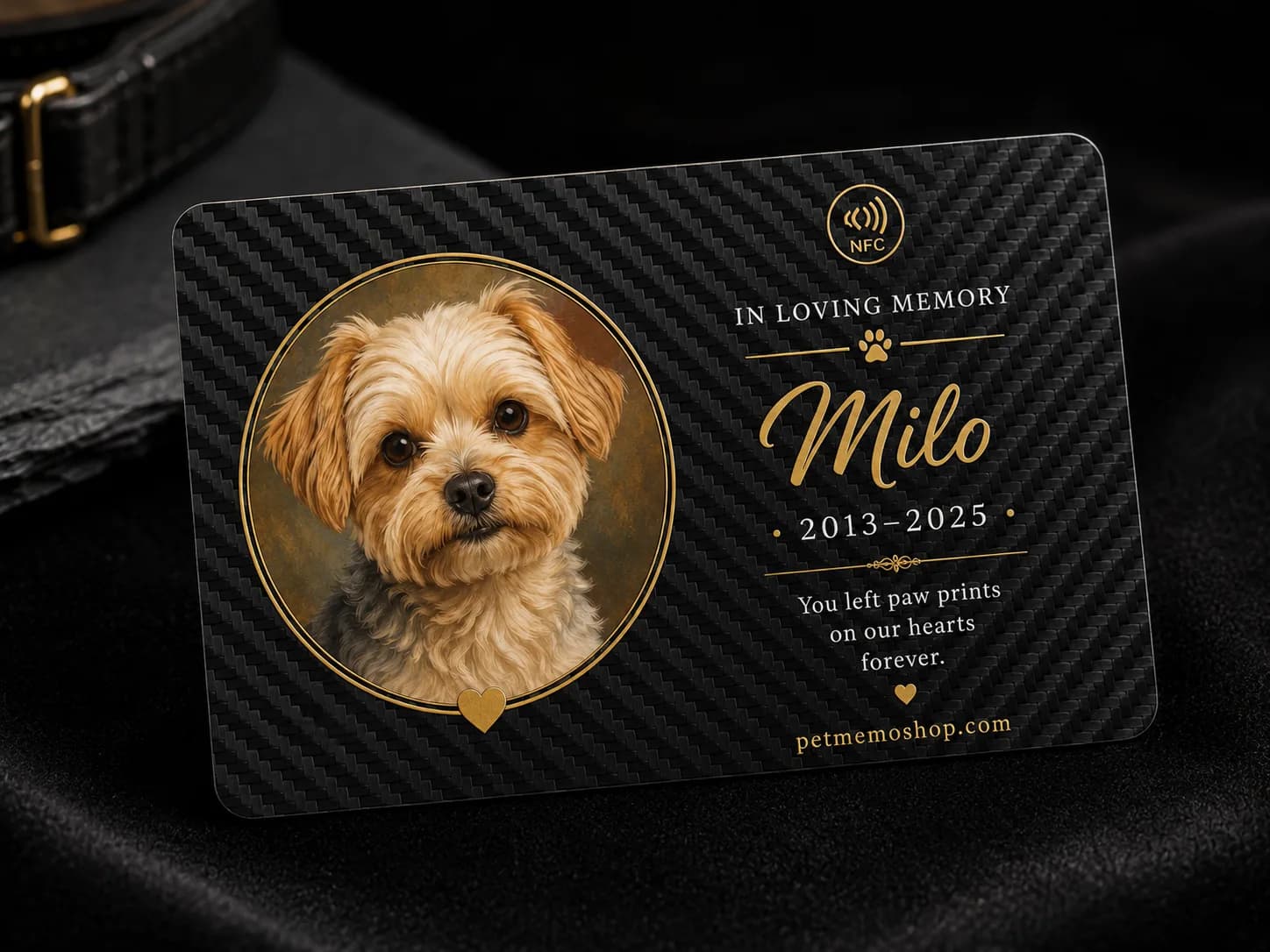 Carbon fiber NFC pet memorial card with digital memory page opened by smartphone