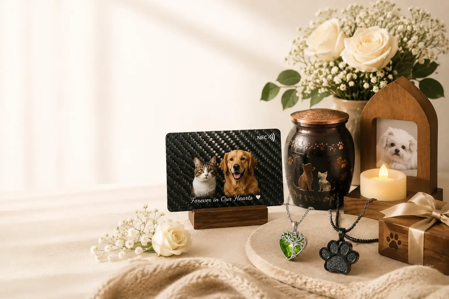 personalized pet memorial frame with candle and flowers in warm natural light