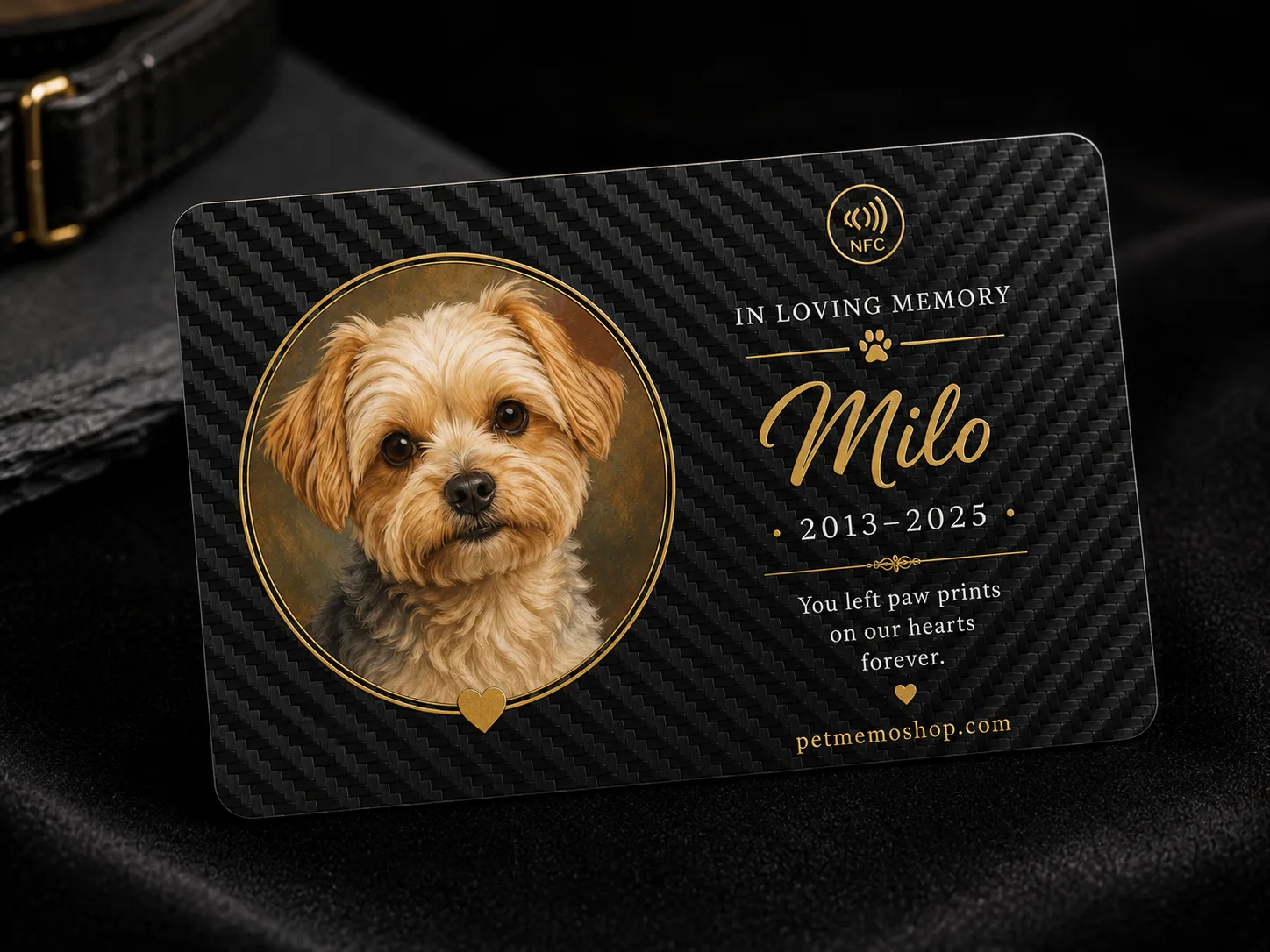 Carbon fiber NFC pet memorial card with digital memory page opened by smartphone