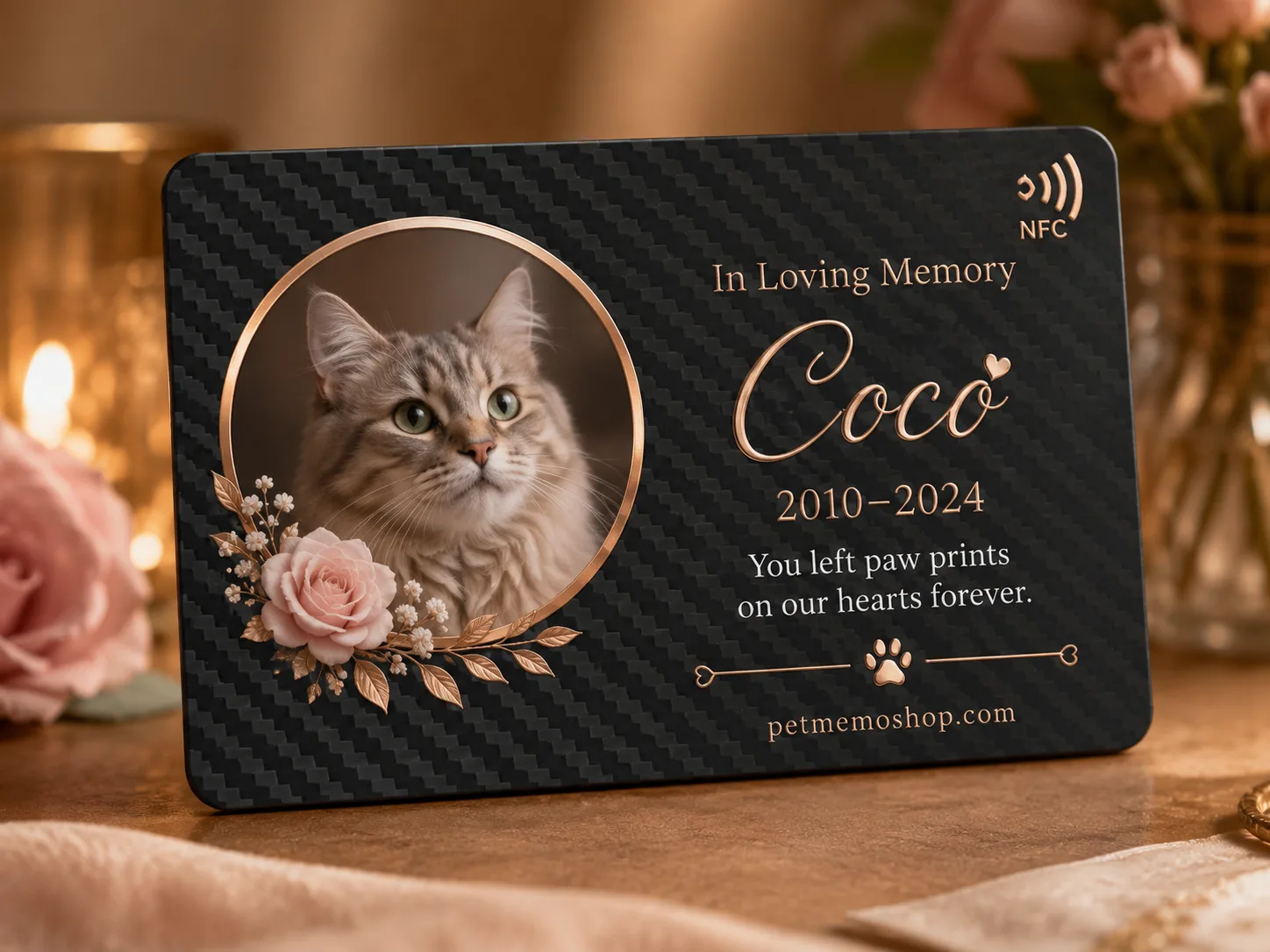 personalized pet memorial frame with candle and flowers in warm natural light