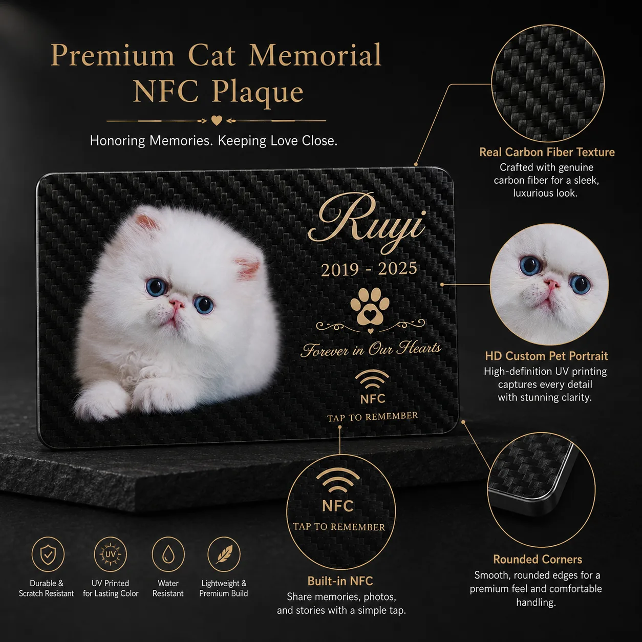 Premium NFC pet memorial card with carbon fiber design opening a digital memorial page for a beloved pet
