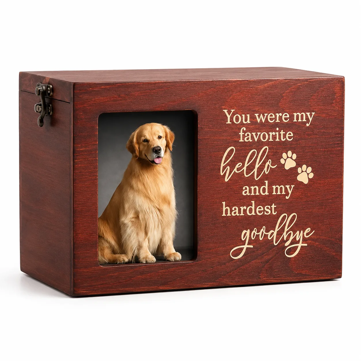 wooden pet cremation urn with personalized nameplate