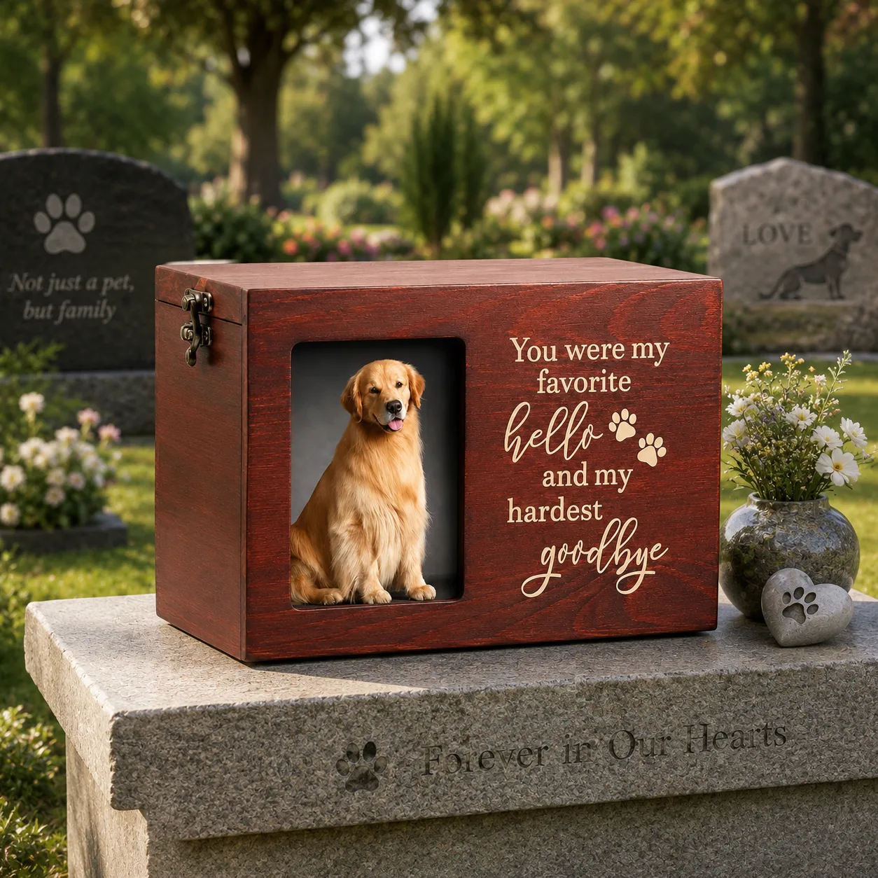 Personalized wooden pet cremation urn with photo frame and memorial nameplate for beloved dogs and cats