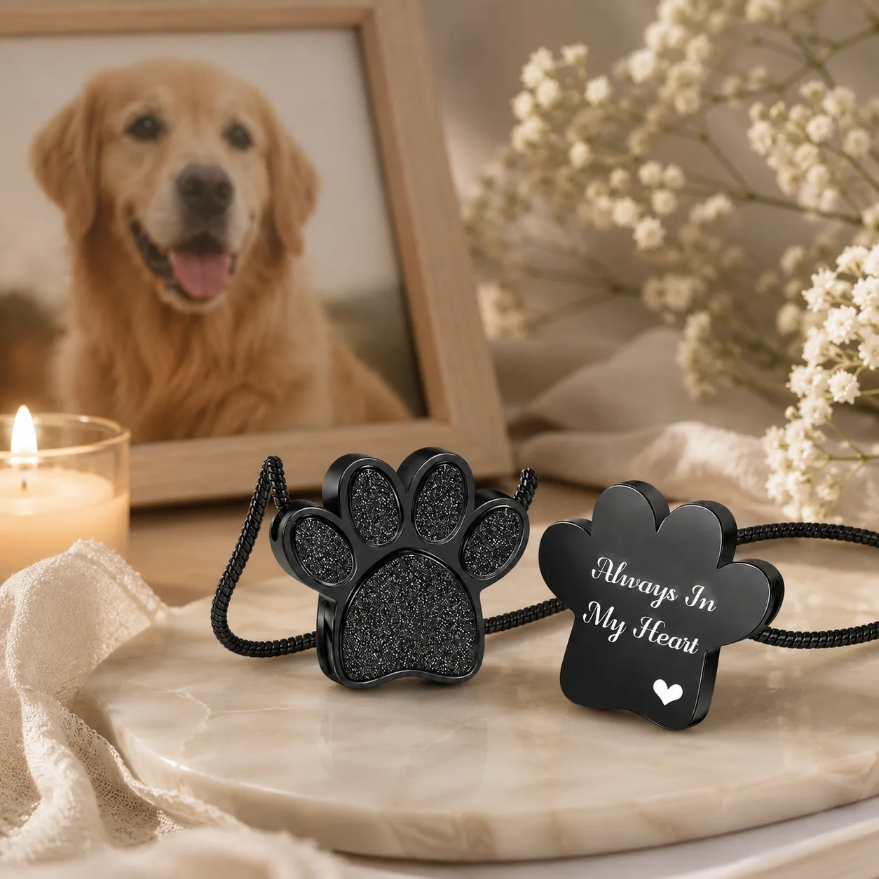 Personalized pet memorial jewelry with engraved paw pendant for remembering a beloved dog or cat