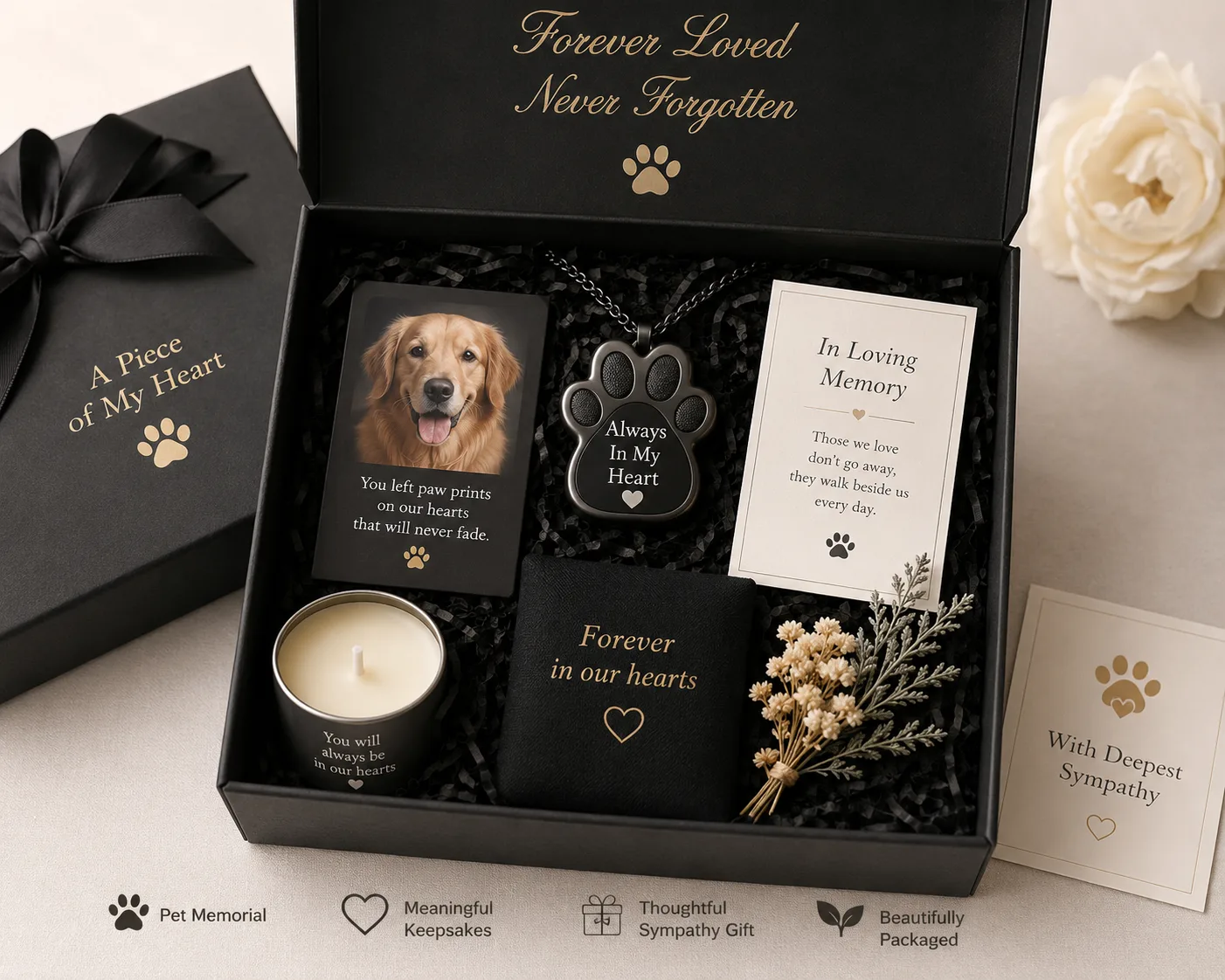 Personalized pet memorial gift box with keepsakes, memorial card, candle and remembrance items
